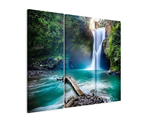 3 teiliges Leinwand-Bild 3x90x40cm (Gesamt 130x90cm) Landschaftsfotografie - Wasserfall im Regenwald auf Leinwand exklusives Wandbild moderne Fotografie für ihre Wand in vielen Größen
