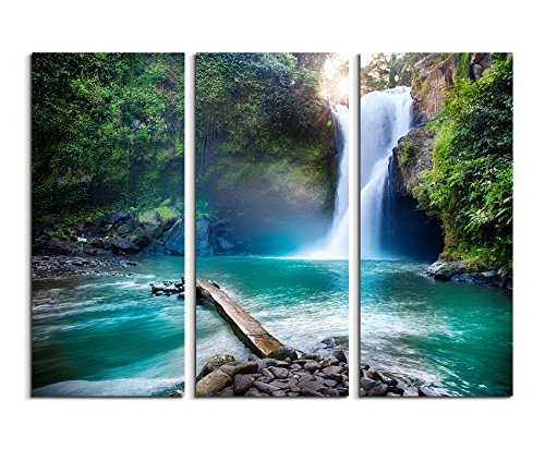 3 teiliges Leinwand-Bild 3x90x40cm (Gesamt 130x90cm) Landschaftsfotografie - Wasserfall im Regenwald auf Leinwand exklusives Wandbild moderne Fotografie für ihre Wand in vielen Größen