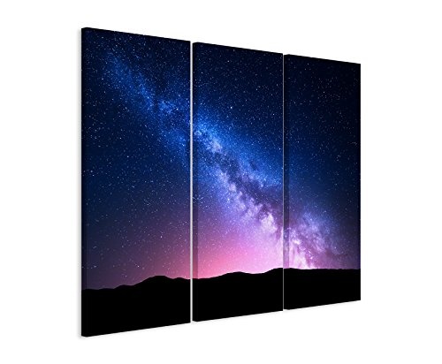 3 teiliges Leinwand-Bild 3x90x40cm (Gesamt 130x90cm) Landschaftsfotografie - Milchstraße im pinken Sternenhimmel auf Leinwand exklusives Wandbild moderne Fotografie für ihre Wand in vielen Größen