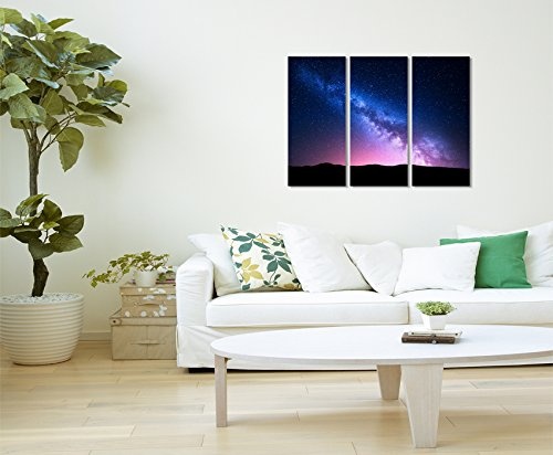 3 teiliges Leinwand-Bild 3x90x40cm (Gesamt 130x90cm) Landschaftsfotografie - Milchstraße im pinken Sternenhimmel auf Leinwand exklusives Wandbild moderne Fotografie für ihre Wand in vielen Größen