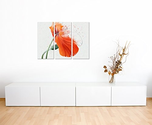 3 teiliges Leinwand-Bild 3x90x40cm (Gesamt 130x90cm) Orange Mohnblumen im Splash Art Stil auf Leinwand exklusives Wandbild moderne Fotografie für ihre Wand in vielen Größen