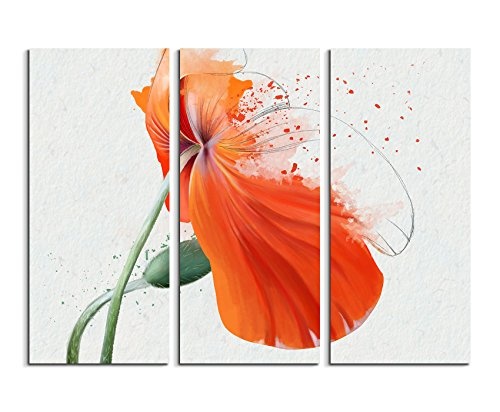3 teiliges Leinwand-Bild 3x90x40cm (Gesamt 130x90cm) Orange Mohnblumen im Splash Art Stil auf Leinwand exklusives Wandbild moderne Fotografie für ihre Wand in vielen Größen