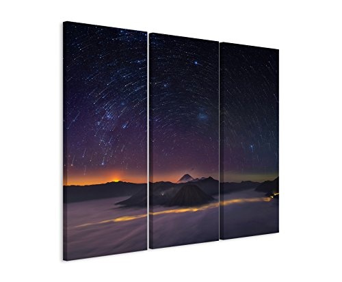 3 teiliges Leinwand-Bild 3x90x40cm (Gesamt 130x90cm) Landschaftsfotografie - Sterne und Berge auf Leinwand exklusives Wandbild moderne Fotografie für ihre Wand in vielen Größen