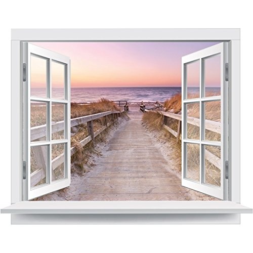 Premiumdesign Wandtattoo offenes Fenster heimischer Strandausblick in Originalgröße 130 x 101cm farbig #140