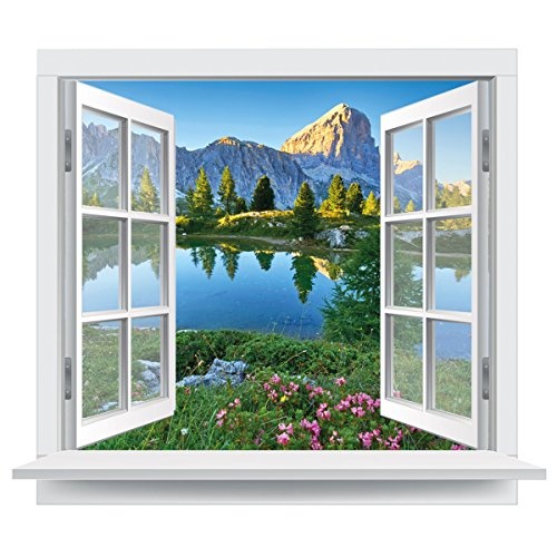 Premiumdesign Wandtattoo offenes Fenster italienische Dolomiten Ausblick Bergsee in Originalgröße 120 x 102cm farbig #141