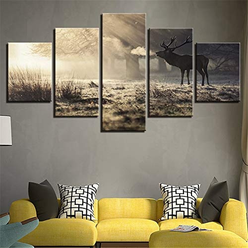 Fengfeng Drucke Gemälde, Leinwand Tiere Bilder Gedruckt Wandkunst Poster 5 Panels Großes Wohnzimmer Wand Wohnkultur, Gestreckt und Gerahmt (79W x 44H),4,C