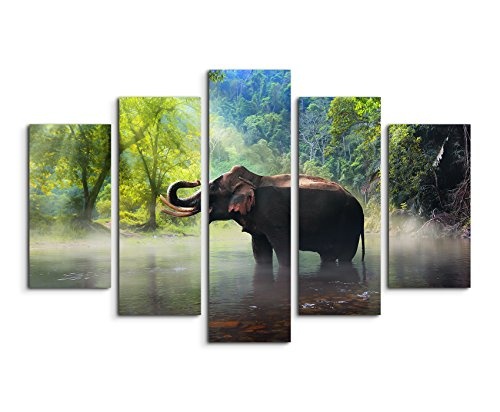 Wandbild 5 teilig Breite 150cm x Höhe 100cm Tierfotografie - Elefant, Kanchanaburi Provinz, Thailand auf Leinwand für Wohnzimmer, Büro, Schlafzimmer, Ferienwohnung u.v.m. Gestochen scharf in Top Qualität