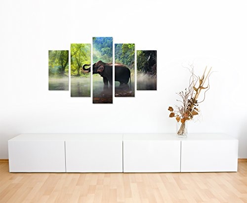 Wandbild 5 teilig Breite 150cm x Höhe 100cm Tierfotografie - Elefant, Kanchanaburi Provinz, Thailand auf Leinwand für Wohnzimmer, Büro, Schlafzimmer, Ferienwohnung u.v.m. Gestochen scharf in Top Qualität