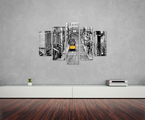 Wandbild 5 teilig Breite 150cm x Höhe 100cm Naturfotografie - Gelbe Straßenbahn in Lissabon, Portugal auf Leinwand für Wohnzimmer, Büro, Schlafzimmer, Ferienwohnung u.v.m. Gestochen scharf in Top Qualität