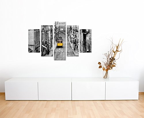 Wandbild 5 teilig Breite 150cm x Höhe 100cm Naturfotografie - Gelbe Straßenbahn in Lissabon, Portugal auf Leinwand für Wohnzimmer, Büro, Schlafzimmer, Ferienwohnung u.v.m. Gestochen scharf in Top Qualität