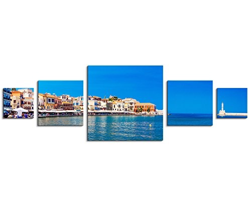 Sinus Art Wandbild 5 teilig 160x50cm - Landschaftsfotografie - Hafen in Chania, Kreta, Griechenland