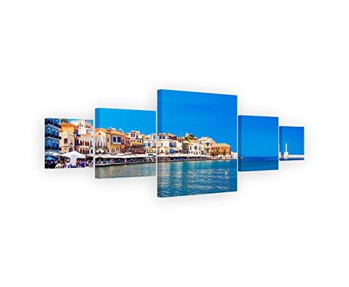 Sinus Art Wandbild 5 teilig 160x50cm - Landschaftsfotografie - Hafen in Chania, Kreta, Griechenland