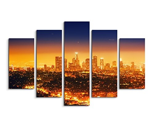 Wandbild 5 teilig Breite 150cm x Höhe 100cm Urbane Fotografie - Los Angeles bei Nacht, Kalifornien, USA auf Leinwand für Wohnzimmer, Büro, Schlafzimmer, Ferienwohnung u.v.m. Gestochen scharf in Top Qualität