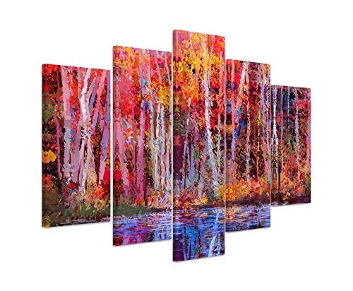 Bilderskulptur 5 teilig Breite 150cm x Höhe 100cm Ölgemälde von farbendfrohen Bäumen im Herbst auf Leinwand exklusives Wandbild moderne Fotografie für ihre Wand in vielen Größen
