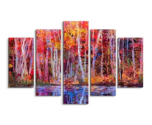 Bilderskulptur 5 teilig Breite 150cm x Höhe 100cm Ölgemälde von farbendfrohen Bäumen im Herbst auf Leinwand exklusives Wandbild moderne Fotografie für ihre Wand in vielen Größen