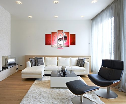 Wandbild 5 teilig Breite 150cm x Höhe 100cm Naturfotografie - Yin und Yang Zeichen mit roten Hintergrund auf Leinwand für Wohnzimmer, Büro, Schlafzimmer, Ferienwohnung u.v.m. Gestochen scharf in Top Qualität