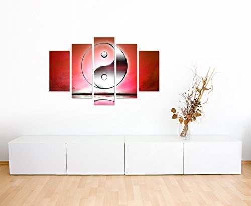 Wandbild 5 teilig Breite 150cm x Höhe 100cm Naturfotografie - Yin und Yang Zeichen mit roten Hintergrund auf Leinwand für Wohnzimmer, Büro, Schlafzimmer, Ferienwohnung u.v.m. Gestochen scharf in Top Qualität
