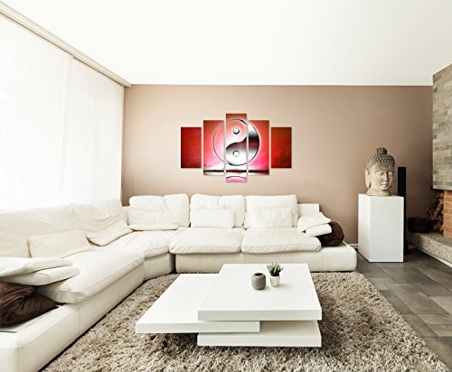 Bilderskulptur 5 teilig Breite 150cm x Höhe 100cm Naturfotografie - Yin und Yang Zeichen mit roten Hintergrund auf Leinwand exklusives Wandbild moderne Fotografie für ihre Wand in vielen Größen