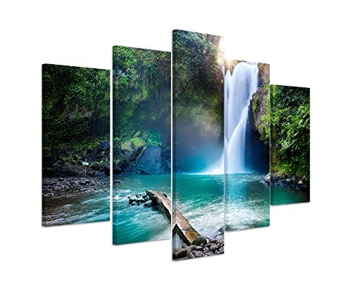 Bilderskulptur 5 teilig Breite 150cm x Höhe 100cm Landschaftsfotografie - Wasserfall im Regenwald auf Leinwand exklusives Wandbild moderne Fotografie für ihre Wand in vielen Größen