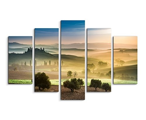 Wandbild 5 teilig Breite 150cm x Höhe 100cm Landschaftsfotografie - Gold grüne Felder der Toskana auf Leinwand für Wohnzimmer, Büro, Schlafzimmer, Ferienwohnung u.v.m. Gestochen scharf in Top Qualität