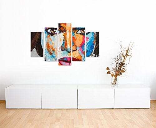 Bilderskulptur 5 teilig Breite 150cm x Höhe 100cm Buntes modernes Ölgemälde - Frauenportrait auf Leinwand exklusives Wandbild moderne Fotografie für ihre Wand in vielen Größen