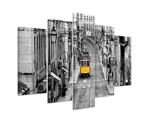 Bilderskulptur 5 teilig Breite 150cm x Höhe 100cm Naturfotografie - Gelbe Straßenbahn in Lissabon, Portugal auf Leinwand exklusives Wandbild moderne Fotografie für ihre Wand in vielen Größen