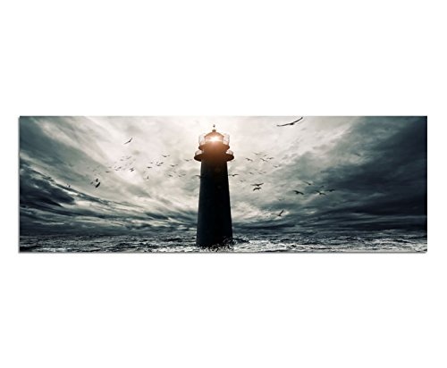 Augenblicke Wandbilder Leinwandbild als Panorama in 150x50cm Meer Sturm Wellen Leuchtturm Vögel