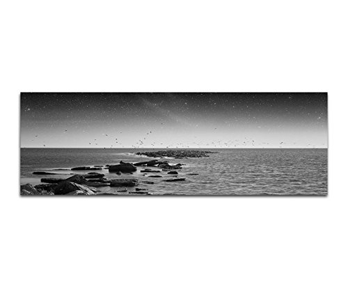Augenblicke Wandbilder Keilrahmenbild Panoramabild SCHWARZ/Weiss 150x50cm Meer Steine Vögel Morgengrauen Sterne