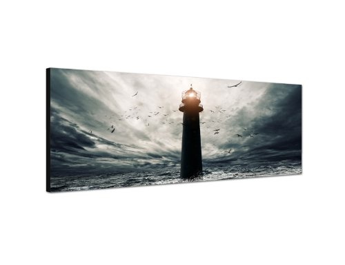 Augenblicke Wandbilder Keilrahmenbild Wandbild 150x50cm Meer Sturm Wellen Leuchtturm Vögel