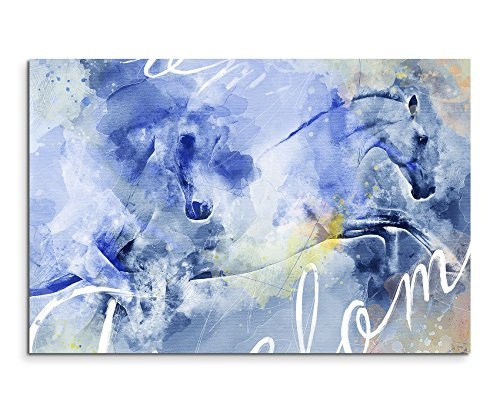 Bild Leinwand 70x40cm Wilde Pferde in Blautönen mit Kalligraphie