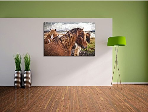 Pixxprint Herde aus schönen Wildpferden Kunst Pinsel Effekt, Format: 60x40 auf Leinwand, XXL riesige Bilder fertig gerahmt mit Keilrahmen, Kunstdruck auf Wandbild mit Rahmen.