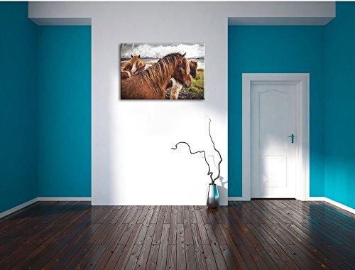 Pixxprint Herde aus schönen Wildpferden Kunst Pinsel Effekt, Format: 60x40 auf Leinwand, XXL riesige Bilder fertig gerahmt mit Keilrahmen, Kunstdruck auf Wandbild mit Rahmen.