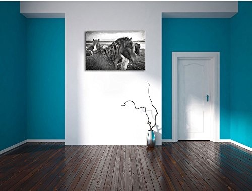 Pixxprint Herde aus schönen Wildpferden Kunst Kohle Effekt, Format: 120x80 auf Leinwand, XXL riesige Bilder fertig gerahmt mit Keilrahmen, Kunstdruck auf Wandbild mit Rahmen.