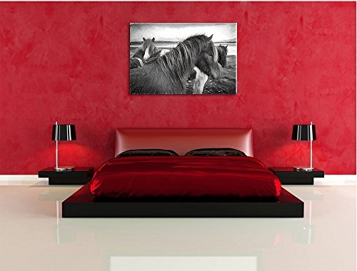 Pixxprint Herde aus schönen Wildpferden Kunst Kohle Effekt, Format: 120x80 auf Leinwand, XXL riesige Bilder fertig gerahmt mit Keilrahmen, Kunstdruck auf Wandbild mit Rahmen.