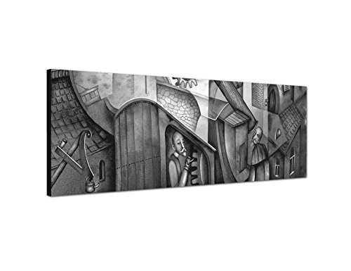 Augenblicke Wandbilder Keilrahmenbild Panoramabild SCHWARZ/Weiss 150x50cm Gemälde Vintage abstrakt Häuser Figuren