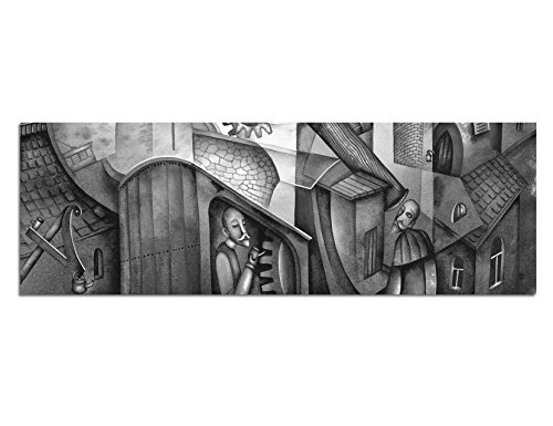 Augenblicke Wandbilder Keilrahmenbild Panoramabild SCHWARZ/Weiss 150x50cm Gemälde Vintage abstrakt Häuser Figuren