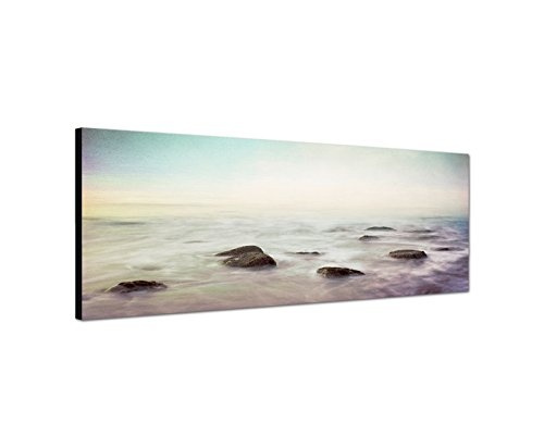 Augenblicke Wandbilder Leinwandbild als Panorama in 150x50cm Ozean Nebel Dunst Steine Vintage