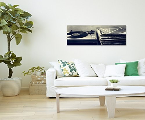 Sinus Art XXL Panoramabild 150x50cm Künstlerische Fotografie - Schallplattenspieler und Vinyl schwarz weiß