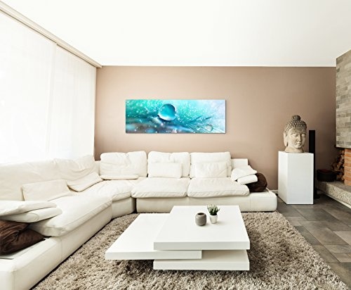 Panorama Fotoleinwand 120x40cm Künstlerische Fotografie - Türkiser Tautropfen auf Leinwand exklusives Wandbild moderne Fotografie für ihre Wand in vielen Größen