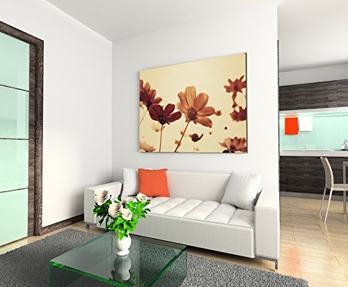 Sinus Art Wandbild 120x80cm Naturfotografie - Retro Blumen mit Sepia Himmel auf Leinwand für Wohnzimmer, Büro, Schlafzimmer, Ferienwohnung u.v.m. Gestochen scharf in Top Qualität