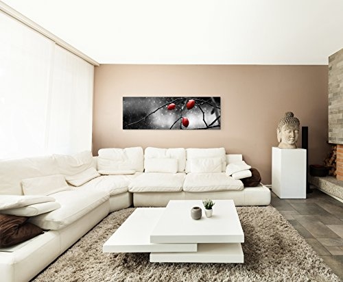 Panoramabild 150x50cm Naturfotografie - Hagebutten im Schnee auf Leinwand exklusives Wandbild moderne Fotografie für ihre Wand in vielen Größen