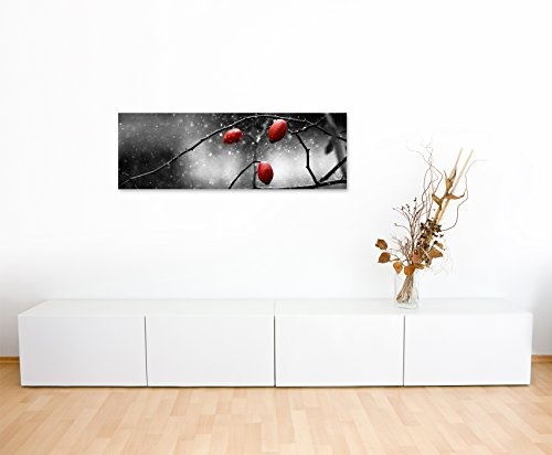 Panoramabild 150x50cm Naturfotografie - Hagebutten im Schnee auf Leinwand exklusives Wandbild moderne Fotografie für ihre Wand in vielen Größen