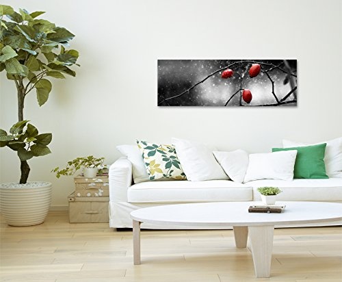 Panoramabild 150x50cm Naturfotografie - Hagebutten im Schnee auf Leinwand exklusives Wandbild moderne Fotografie für ihre Wand in vielen Größen