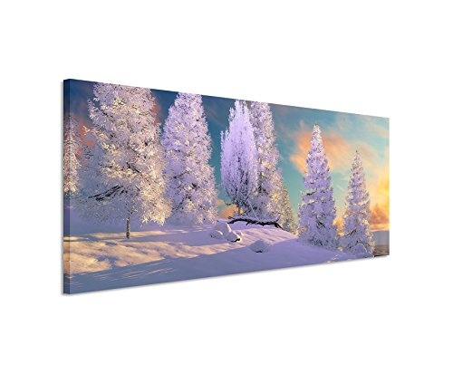Panoramabild 150x50cm Landschaftsfotografie - Baumgruppe im Schnee mit Mond auf Leinwand exklusives Wandbild moderne Fotografie für ihre Wand in vielen Größen
