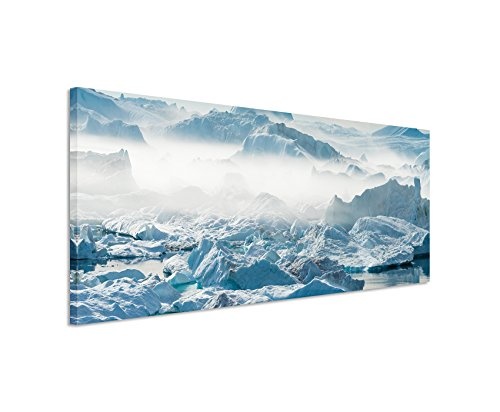 Panoramabild 150x50cm Landschaftsfotografie - Gestrandete Eisberge, Grönland auf Leinwand exklusives Wandbild moderne Fotografie für ihre Wand in vielen Größen
