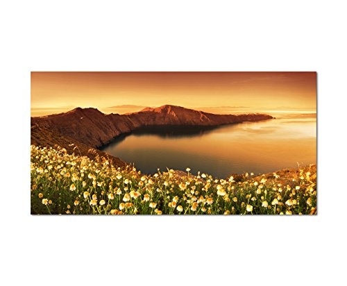 120x60cm - Fotodruck auf Leinwand und Rahmen Santorini Bucht Blumen Meer Felsen - Leinwandbild auf Keilrahmen modern stilvoll - Bilder und Dekoration
