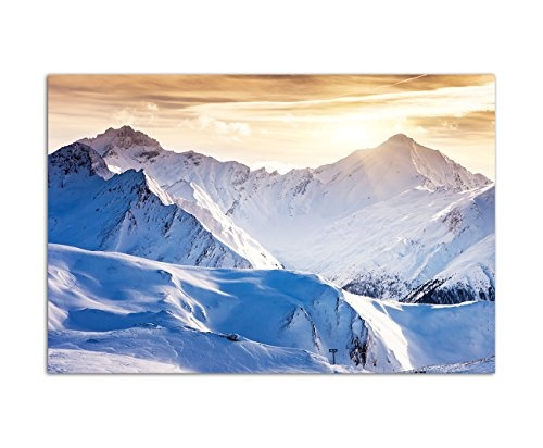 120x80cm - Fotodruck auf Leinwand und Rahmen Winterlandschaft Schnee Berge Abendsonne - Leinwandbild auf Keilrahmen modern stilvoll - Bilder und Dekoration