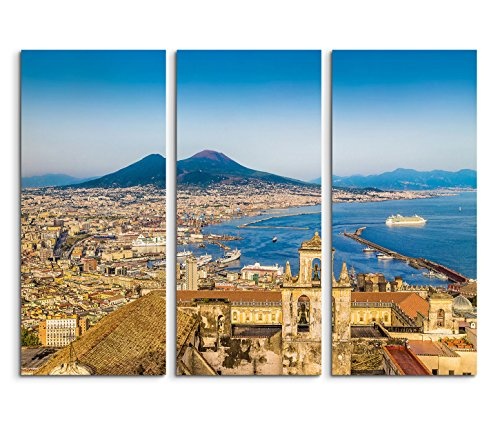 3x40x90cm (Gesamt:130x90cm) 3teiliges Bild auf Leinwand Italien Neapel Stadt am Meer Vulkan Vesuv Sommer Wandbild auf Leinwand als Panorama