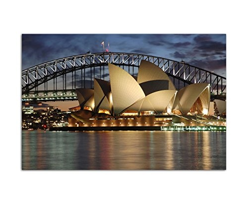 120x80cm - Fotodruck auf Leinwand und Rahmen Sydney Oper Harbour Bridge Nacht - Leinwandbild auf Keilrahmen modern stilvoll - Bilder und Dekoration