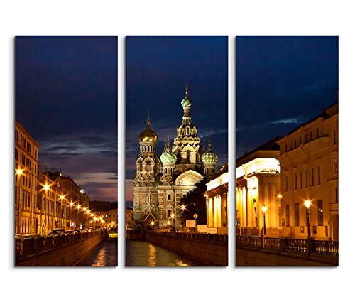 3x40x90cm (Gesamt:130x90cm) 3teiliges Bild auf Leinwand Sankt Petersburg Russland Kirche Nacht Lichter Wandbild auf Leinwand als Panorama